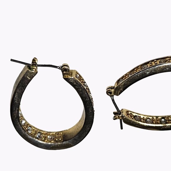 Gold Tone Rhinestone Hoop Earrings Evening Statement Womens Costume Jewelry - Picture 4 of 5